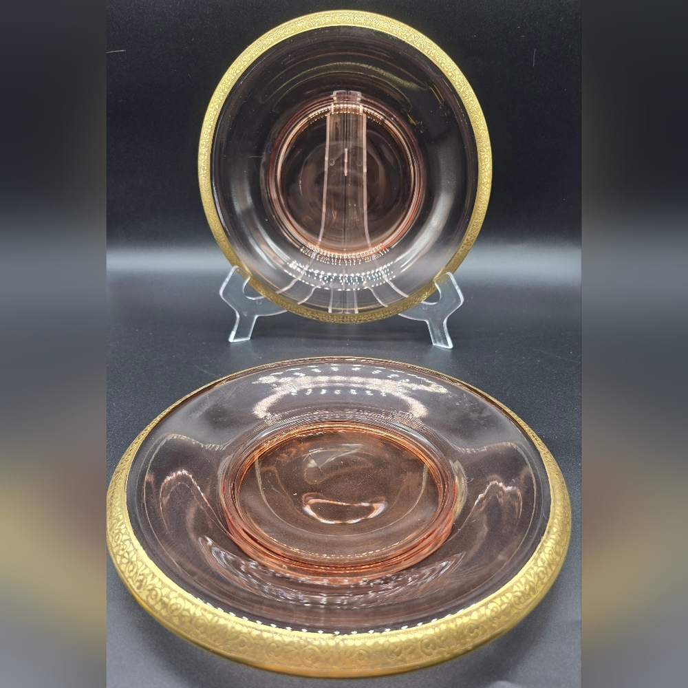 2 Tiffin Pink Depression Gold Encrusted Plates